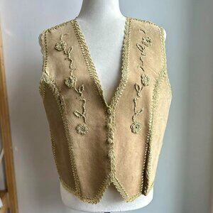 Vintage Sand Suede Floral Embroidered Artisan-Made Vest with Crochet Trim – US M